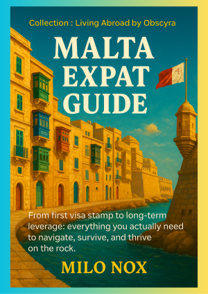 Cover of "Malta Expat Guide" by Milo Nox, featuring colorful Maltese balconies, stone bastions, and the national flag near the waterline.