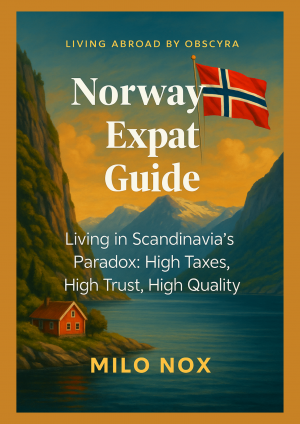 Book cover of "Norway Expat Guide" by Milo Nox, featuring the Norwegian flag above a scenic fjord with traditional red cabin and mountain backdrop.