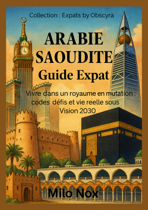 Couverture de Arabie Saoudite Guide Expat par Milo Nox, collection Expats by Obscyra, avec des monuments emblématiques saoudiens en aquarelle.