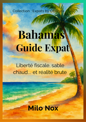 Couverture de Bahamas Guide Expat par Milo Nox, collection Expats by Obscyra, avec une plage tropicale en aquarelle et un palmier en premier plan.