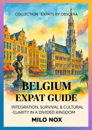 Cover of Belgium Expat Guide by Milo Nox, Expats by Obscyra collection, featuring a watercolor of Brussels’ Grand Place and the Manneken Pis statue.