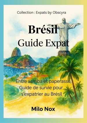 Couverture de Brésil Guide Expat par Milo Nox, collection Expats by Obscyra, avec une aquarelle du Christ Rédempteur et de la plage de Rio de Janeiro.