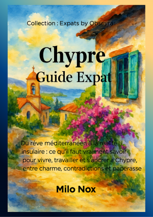 Couverture du livre Chypre – Guide Expat de Milo Nox, collection Expats by Obscyra, avec une illustration méditerranéenne d’un village chypriote.