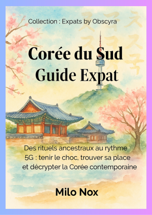 Couverture de Corée du Sud Guide Expat par Milo Nox, collection Expats by Obscyra, avec un pavillon traditionnel coréen et une ville moderne en arrière-plan.