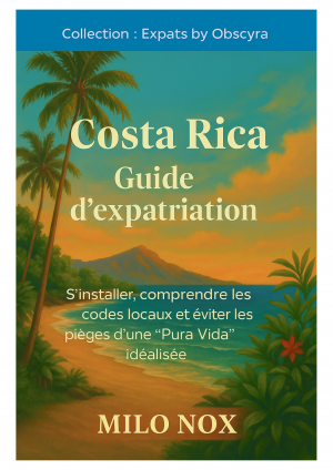 Couverture du livre “Costa Rica Guide d’expatriation” de Milo Nox, montrant une plage tropicale au coucher de soleil avec palmiers et montagne en arrière-plan.