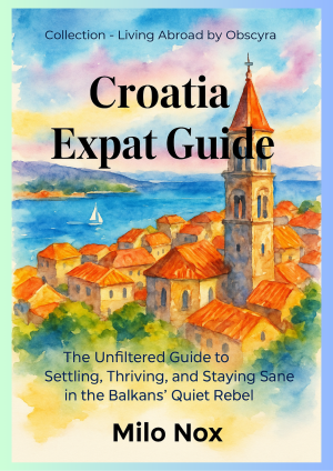 Cover of Croatia Expat Guide by Milo Nox, Living Abroad by Obscyra collection, featuring a watercolor of a Croatian coastal town with church tower.