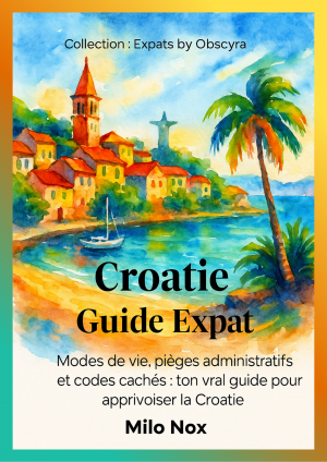 Couverture de Croatie Guide Expat par Milo Nox, collection Expats by Obscyra, avec un paysage côtier en aquarelle et un palmier au premier plan.