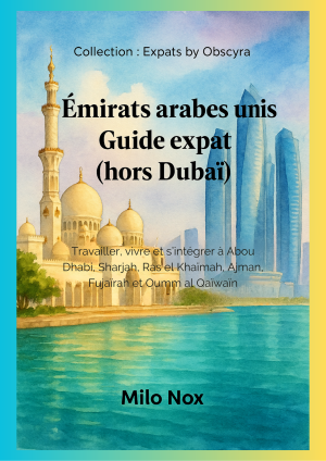 Couverture du livre “Émirats arabes unis Guide expat (hors Dubaï)” de Milo Nox, illustration d’une mosquée blanche et de gratte-ciels en bord de mer.