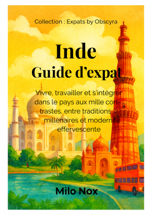 Couverture du livre “Inde Guide d’expat” de Milo Nox, illustration du Taj Mahal, du Qutub Minar et d’un bus rouge sur fond de ciel doré.