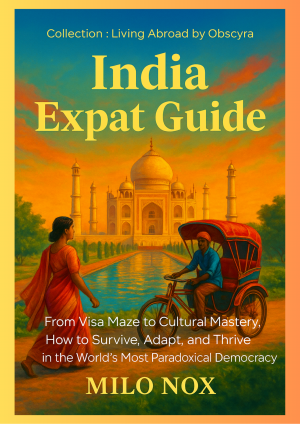 Book cover of “India Expat Guide” by Milo Nox featuring the Taj Mahal, a woman in sari, and a rickshaw driver under a sunset sky, with bold yellow text.