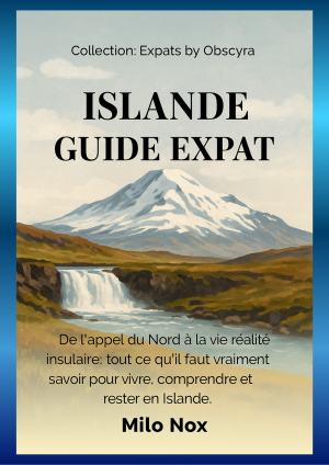 Couverture du livre “Islande Guide Expat” de Milo Nox, représentant une cascade islandaise avec un volcan enneigé en arrière-plan.