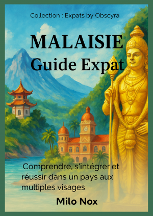 Couverture de Malaisie Guide Expat par Milo Nox, collection Expats by Obscyra, avec une aquarelle de la statue dorée de Batu Caves et un paysage malaisien.