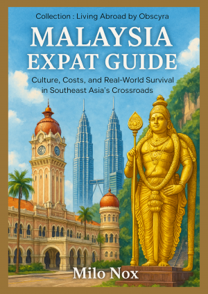 Cover of Malaysia Expat Guide by Milo Nox, Living Abroad by Obscyra collection, featuring Kuala Lumpur landmarks and the Batu Caves statue in watercolor.