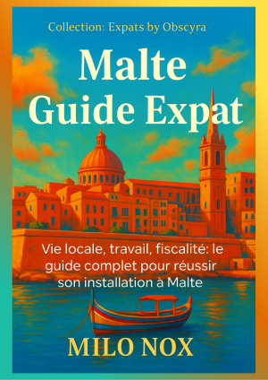 Couverture du livre “Malte Guide Expat” de Milo Nox, représentant une ville côtière maltaise colorée avec une barque au premier plan.