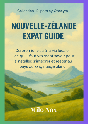 Couverture du livre “Nouvelle-Zélande Expat Guide” de Milo Nox, montrant un paysage de montagnes, vallées et rivière dans un style pictural doux.