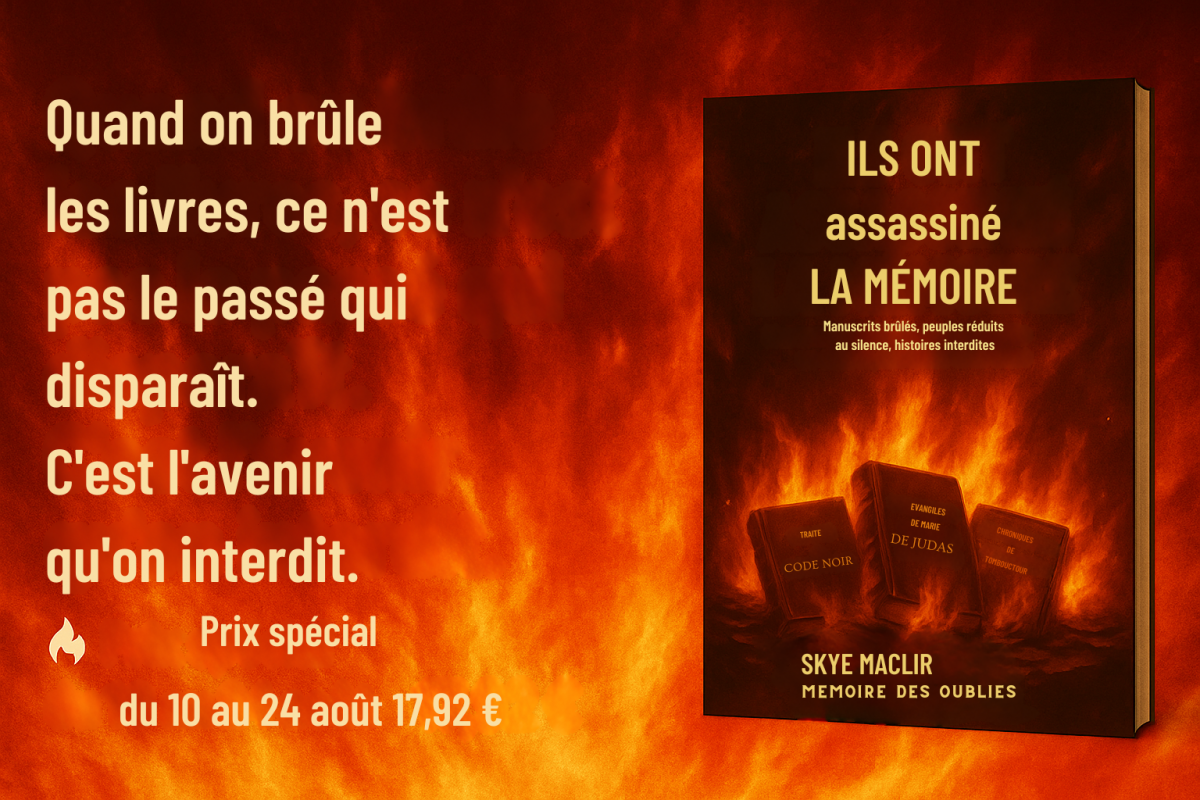 Promotion du livre "Ils ont assassiné la mémoire" de Skye MacLir, visuel rectangulaire avec fond de flammes, citation "Quand on brûle les livres, ce n’est pas le passé qui disparaît. C’est l’avenir qu’on interdit", dates du 10 au 24 août et prix réduit de 23,20 € à 17,92 €, couverture du livre à droite.