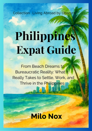 Cover of Philippines Expat Guide by Milo Nox, Living Abroad by Obscyra collection, featuring a watercolor tropical beach with palm trees and skyline.