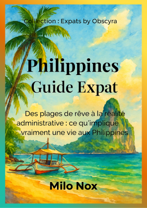Couverture de Philippines Guide Expat par Milo Nox, collection Expats by Obscyra, avec une plage tropicale et une barque traditionnelle en aquarelle.