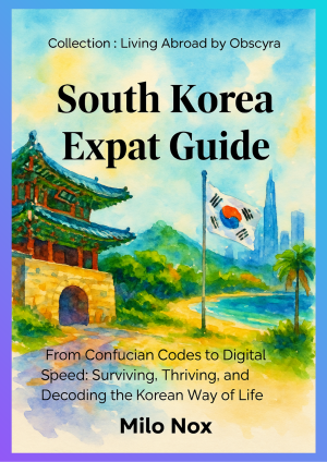 Cover of South Korea Expat Guide by Milo Nox, Living Abroad by Obscyra collection, featuring a watercolor of a Korean temple, national flag, and skyline.