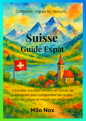 Couverture du livre “Suisse Guide Expat” de Milo Nox, illustrée d’un paysage alpin avec drapeau suisse et village au bord d’un lac.