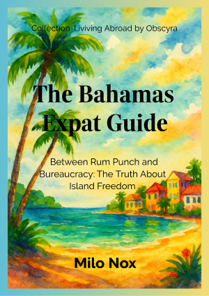 Cover of The Bahamas Expat Guide by Milo Nox, Living Abroad by Obscyra collection, featuring a watercolor of a tropical beach with palm trees and houses.