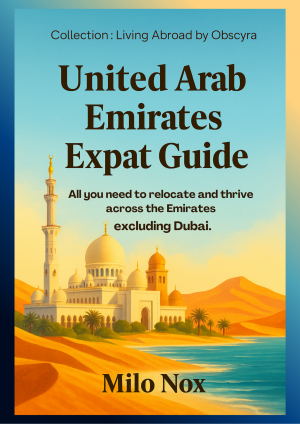 Book cover of “United Arab Emirates Expat Guide” by Milo Nox showing a grand mosque in the desert near the sea, with text over a blue-yellow gradient sky.