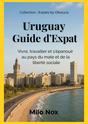 Couverture du livre “Uruguay Guide d’Expat” de Milo Nox, photo de Montevideo avec front de mer et bâtiments emblématiques sous ciel clair.