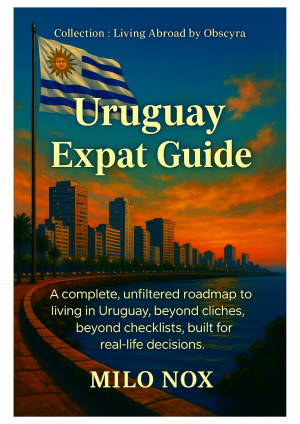Book cover of “Uruguay Expat Guide” by Milo Nox showing a sunset over Montevideo’s rambla with the Uruguayan flag waving, buildings in the background.