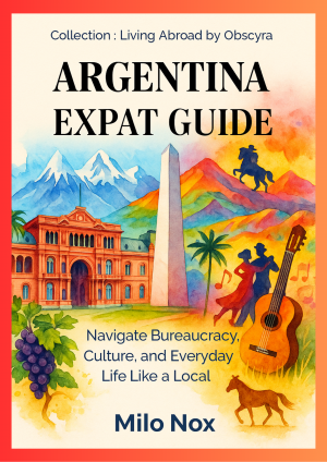 Book cover of “Argentina – Expat Guide” by Milo Nox, Living Abroad by Obscyra, featuring watercolor of Buenos Aires’ Obelisk, Casa Rosada, tango dancers, and Andes mountains.