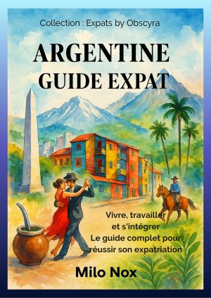 Couverture du livre « Argentine – Guide Expat » de Milo Nox, collection Expats by Obscyra, avec illustration aquarelle de danseurs de tango, Obélisque, montagnes et maisons colorées.