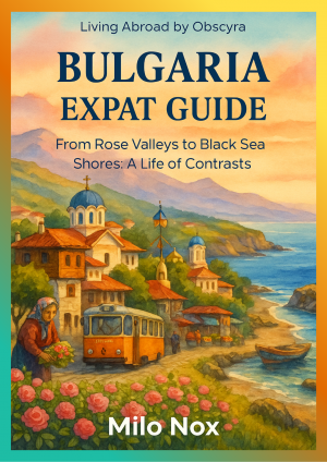 Cover of the Bulgaria Expat Guide featuring rose fields, coastal villages, Orthodox domes, and a tram, symbolizing Bulgaria’s contrasts and expat life.