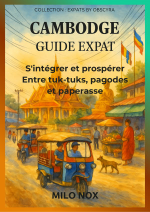 Couverture du guide Cambodge Expat, illustrant des tuk-tuks dans une rue animée avec pagode, moines et drapeaux cambodgiens, symbole de la vie locale.