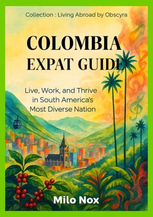 Book cover of “Colombia – Expat Guide” by Milo Nox, Living Abroad by Obscyra, with watercolor of Medellín valley, cable cars, cathedral, and coffee plants.