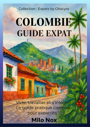 Couverture du livre « Colombie – Guide Expat » de Milo Nox, collection Expats by Obscyra, avec illustration aquarelle de maisons colorées et paysages andins.
