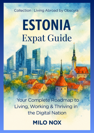 Book cover of “Estonia – Expat Guide” by Milo Nox, Living Abroad by Obscyra, featuring watercolor of Tallinn with modern skyscrapers and old town.