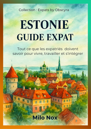 Couverture du livre « Estonie – Guide Expat » de Milo Nox, collection Expats by Obscyra, avec illustration aquarelle de Tallinn et ses toits rouges.