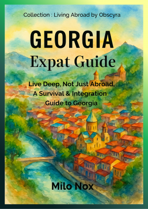Cover of Georgia Expat Guide by Milo Nox, Living Abroad by Obscyra collection, featuring a watercolor of Tbilisi rooftops, church towers, and surrounding hills.