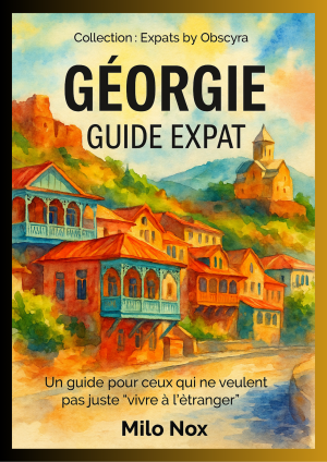 Couverture de Géorgie Guide Expat par Milo Nox, collection Expats by Obscyra, avec une aquarelle des maisons colorées traditionnelles et d’une église en colline.