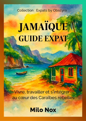Couverture du livre « Jamaïque – Guide Expat » de Milo Nox, collection Expats by Obscyra, avec illustration aquarelle d’une maison colorée et d’un littoral tropical.