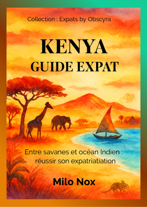 Couverture du livre « Kenya – Guide Expat » de Milo Nox, collection Expats by Obscyra, avec illustration aquarelle de savane, animaux et littoral de l’océan Indien.