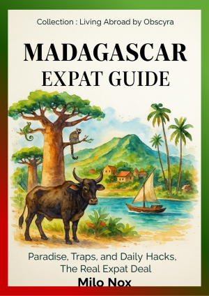 Book cover of “Madagascar – Expat Guide” by Milo Nox, Living Abroad by Obscyra, with watercolor of a zebu, baobabs, lemur, and coastal village scene.