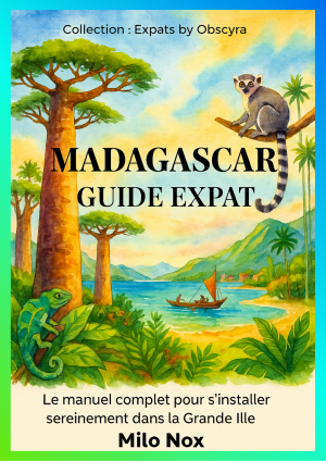 Couverture du livre « Madagascar – Guide Expat » de Milo Nox, collection Expats by Obscyra, avec illustration aquarelle de baobabs, lémurien, caméléon et côte tropicale.
