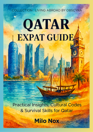 Book cover of “Qatar – Expat Guide” by Milo Nox, Living Abroad by Obscyra, with watercolor of Doha skyline, dhow boat, and traditional clock tower.