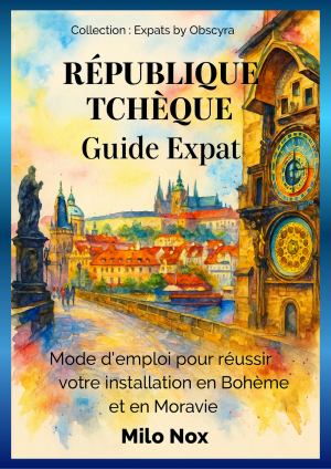 Couverture du livre « République tchèque – Guide Expat » de Milo Nox, collection Expats by Obscyra, avec illustration aquarelle de Prague et de son horloge astronomique.