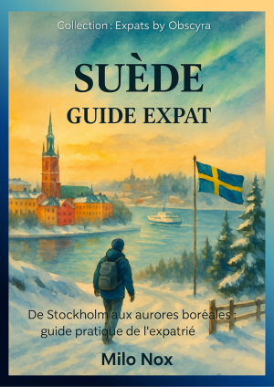 Couverture du guide d’expatriation en Suède, montrant un paysage enneigé de Stockholm avec un drapeau suédois et un expatrié observant la ville.
