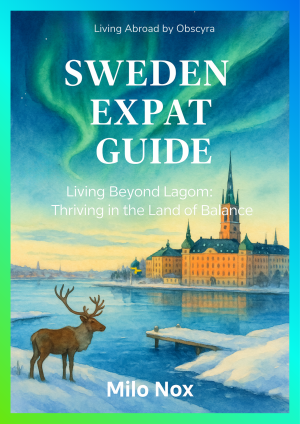 Cover of the Sweden Expat Guide featuring a Swedish cityscape with northern lights, a reindeer, and Stockholm’s waterfront under winter skies.