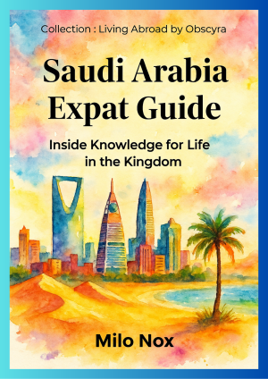 Cover of Saudi Arabia Expat Guide by Milo Nox, Living Abroad by Obscyra collection, featuring a watercolor of Riyadh skyline with desert and palm tree.