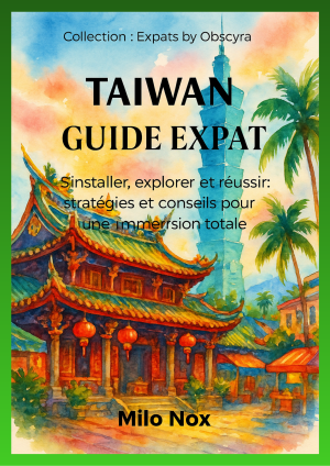 Couverture de Taiwan Guide Expat par Milo Nox, collection Expats by Obscyra, avec une aquarelle de Taipei 101 et d’un temple traditionnel.