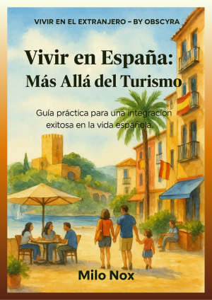 Portada de Vivir en España: Más Allá del Turismo, con una escena mediterránea de familia, terrazas y bandera española, simbolizando integración cultural.