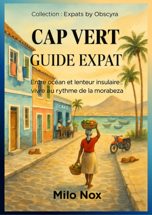 Couverture du Cap Vert Guide Expat montrant une femme portant des fruits dans une rue côtière colorée, avec la mer et des bateaux en arrière-plan.